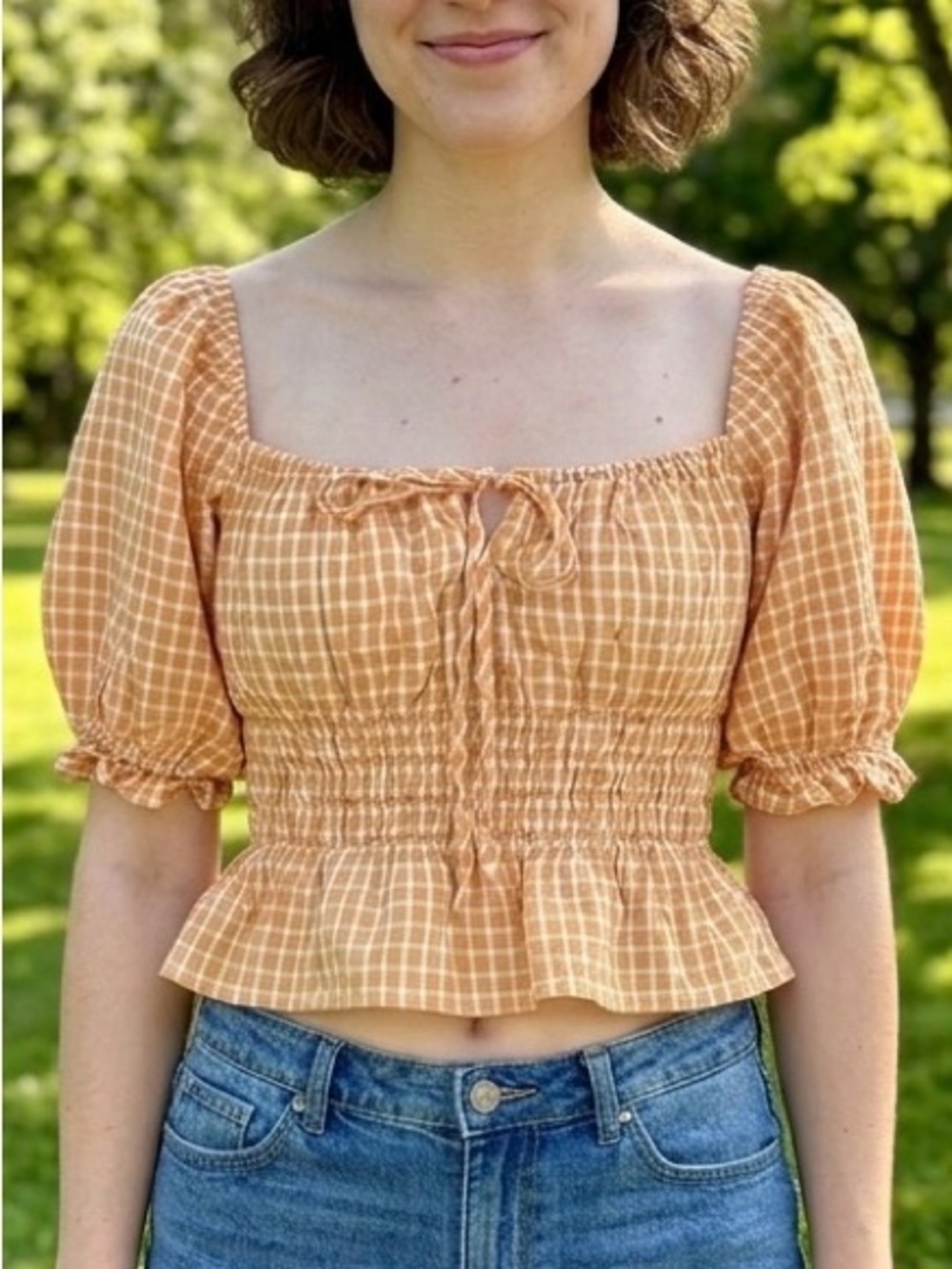 ASTR The Label Orange Gingham Smocked Peplum Crop Top Puff Sleeve Square Neck S